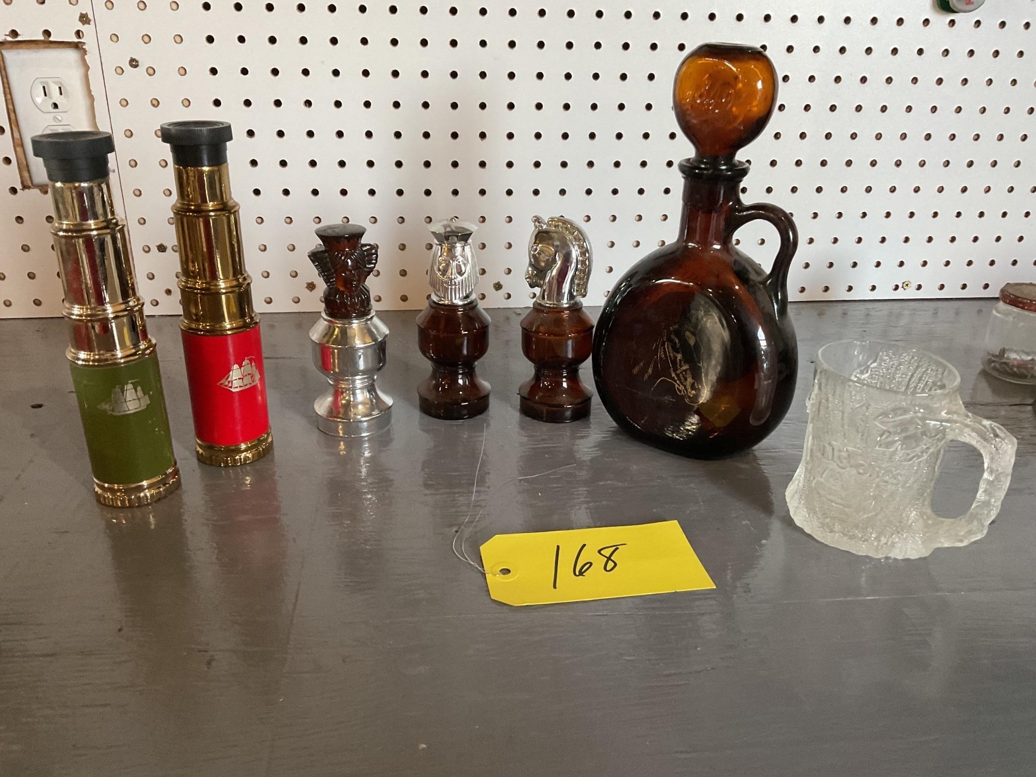 Flintstones mug, liquor & cologne bottles vintage