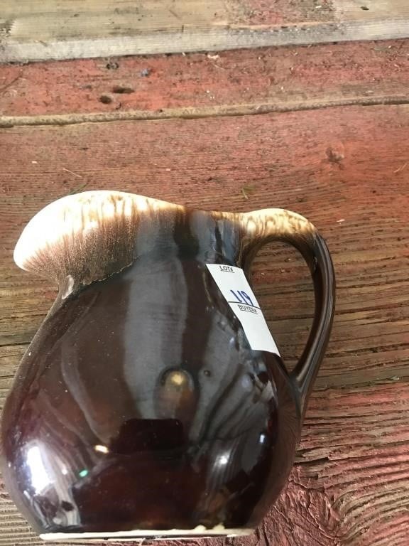 Drip edge brown crockery pitcher 6 1/2in tall