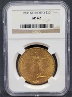 1908 $20 No Motto St Gaudens Gold Coin MS62 NGC