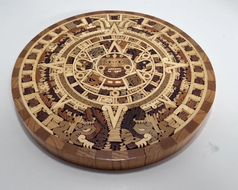 Intricate Wood Carved inlaid Aztec Calendar