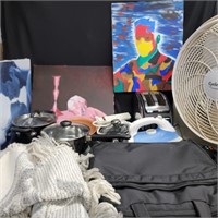 Lot - fan, pans, paintings on canvas, laptop