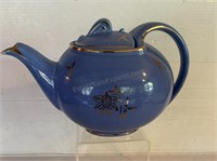 Vintage HALL Teapot, Hook Lid, Blue w/Gold Flower