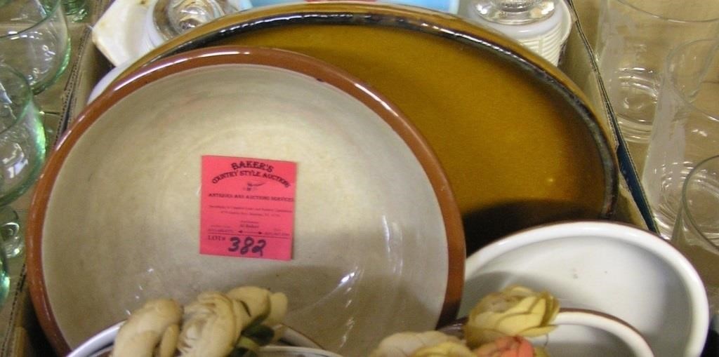 Box of vintage estate stoneware serving bowls