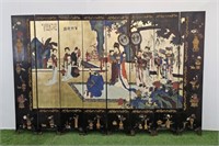 BLACK LACQUER HAND PAINTED ORIENTAL SCREEN