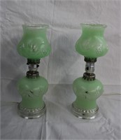 Pair of green depression lamps 13"H