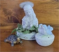 Vintage Madonna Holy Water Font, Bluebird Jar