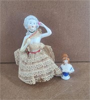 2 Vtg Porcelain Half Dolls / Pin Cushion Dolls