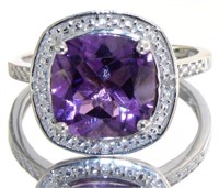 Cushion Cut 3.61ct Natural Amethyst & Diamond Ring