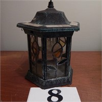 METAL LANTERN WITH STAINED GLASS SIDES 8 IN