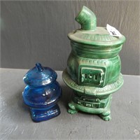 Vintage Pottery Cookie Jar, Blue Glass Coin Bank