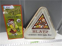 Metal Ginger Ale sign and Blatz Beer sign