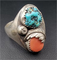 Men's Natural Turquoise Red Coral .925 Silver Ring