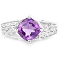 Plated Rhodium 1.80ct Amethyst and White Topaz Rin