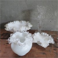 Fenton Milk Glass Ruffled Edge Vase & Bowls & Vase