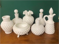 Hobnail Milk Glass Cruets, Vases & Bowl