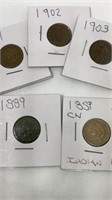 (5) assorted years Indian head pennies