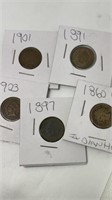 (5) assorted years Indian head pennies