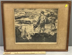 John Costigan Signed Etching Boy with Cows