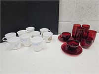 Ruby Red Glass Dishes & Corelle Corning Ware Mugs