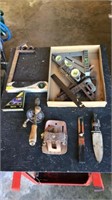 Hand crank drill, knife, tape measure holder,