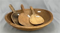 Wooden 12" bowl w/3 butter paddles