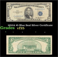 1953A $5 Blue Seal Silver Certificate Grades vf+