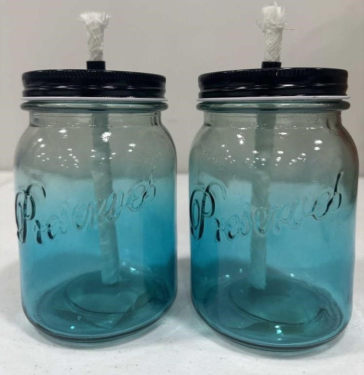 2ct Blue Tiki Torch Glass Mason Jars w/ Lids
