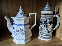 HAND PAINTED TEA POT AND LARGE STEIN