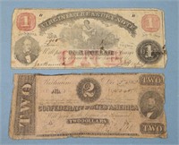 (2) 1862 US & CSA $1 & $2 Notes