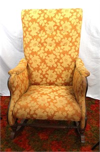 Vtg Red & Gold Floral Upholstered Rocking Chair