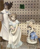3 Lladro Figurines. Girl Holding Vase With Bird,