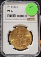 1910-S ST. GAUDEN'S $20 GOLD COIN - MS62