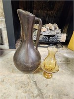 Large Ceramic Mexico Vase and Amber Glass Pc
