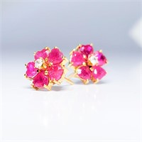 Ruby & Sapphire Yellow Gold Flower Earrings