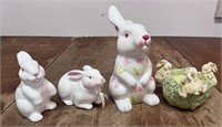 Lot of 4 rabbit decor. 3 porcelain pieces & candle