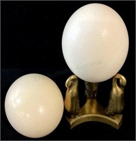 Pair Of Empty Ostrich Eggs & Brass Display Stand