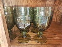 6 heavy green glass goblets