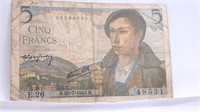 1943 5 Cinq Francs France Bank Note