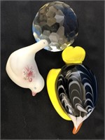 Art glass Paperweights x 3- Signed Bird, fish +