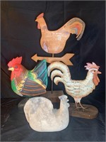 4 Decorative Roosters Primitive to Colorful