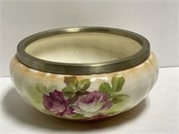 Vintage English Epns Rim Ceramic Rose Bowl 4 " H