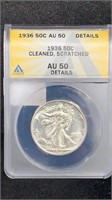 1936 ANACS AU50 Details Silver Walking Liberty