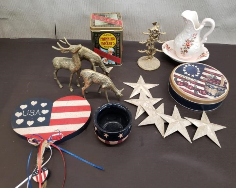 Lot of American Flag Decor, Brass Deer, Small