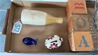 Vintage lot of bottle baby toys and piggy bank