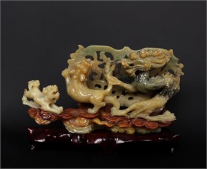 Jinqiao Jade Carving of Dragon & Double Lions, Rep