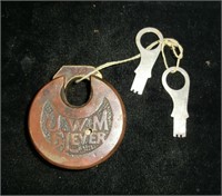 J.W.M. 6 Lever round brass padlock w/2 keys and