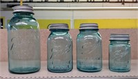 4 BLUE CANNING JARS WITH ZINC LIDS