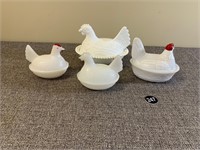 4 Milk Glass Hen on Nest Dishes