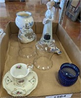 TRAY- FIGURINES, CANDLE SHADES, MISC