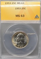 Silver U.S. Washington Quarter 1953 ANACS Slab MS6